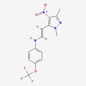 molecular formula C14H13F3N4O3 B2703041 N-[(E)-2-(1,3-dimethyl-4-nitro-1H-pyrazol-5-yl)ethenyl]-4-(trifluoromethoxy)aniline CAS No. 436100-82-2