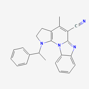 molecular formula C23H20N4 B2703183 7-methyl-3-(1-phenylethyl)-1,3,10-triazatetracyclo[7.7.0.02,6.011,16]hexadeca-2(6),7,9,11,13,15-hexaene-8-carbonitrile CAS No. 868153-10-0