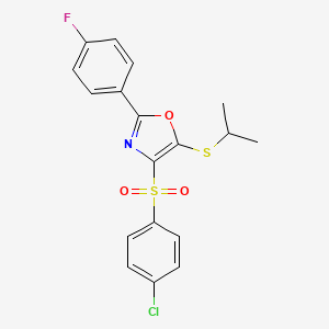 molecular formula C18H15ClFNO3S2 B2703239 4-(4-chlorobenzenesulfonyl)-2-(4-fluorophenyl)-5-(propan-2-ylsulfanyl)-1,3-oxazole CAS No. 850927-38-7