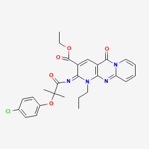 molecular formula C27H27ClN4O5 B2703309 ethyl 6-[2-(4-chlorophenoxy)-2-methylpropanoyl]imino-2-oxo-7-propyl-1,7,9-triazatricyclo[8.4.0.03,8]tetradeca-3(8),4,9,11,13-pentaene-5-carboxylate CAS No. 685859-66-9