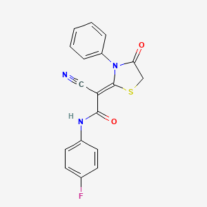 molecular formula C18H12FN3O2S B2703390 (Z)-2-cyano-N-(4-fluorophenyl)-2-(4-oxo-3-phenylthiazolidin-2-ylidene)acetamide CAS No. 637325-25-8
