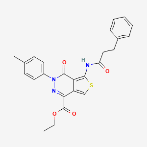 molecular formula C25H23N3O4S B2703425 ethyl 3-(4-methylphenyl)-4-oxo-5-(3-phenylpropanamido)-3H,4H-thieno[3,4-d]pyridazine-1-carboxylate CAS No. 851948-67-9