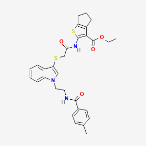 molecular formula C30H31N3O4S2 B2703729 ethyl 2-{2-[(1-{2-[(4-methylphenyl)formamido]ethyl}-1H-indol-3-yl)sulfanyl]acetamido}-4H,5H,6H-cyclopenta[b]thiophene-3-carboxylate CAS No. 532971-20-3
