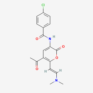 molecular formula C18H17ClN2O4 B2703848 N-{5-acetyl-6-[2-(dimethylamino)vinyl]-2-oxo-2H-pyran-3-yl}-4-chlorobenzenecarboxamide CAS No. 1164548-51-9