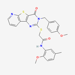 molecular formula C27H24N4O4S2 B2704070 N-(2-methoxy-5-methylphenyl)-2-({5-[(4-methoxyphenyl)methyl]-6-oxo-8-thia-3,5,10-triazatricyclo[7.4.0.0^{2,7}]trideca-1(9),2(7),3,10,12-pentaen-4-yl}sulfanyl)acetamide CAS No. 1030121-27-7