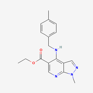 molecular formula C18H20N4O2 B2704217 ethyl 1-methyl-4-{[(4-methylphenyl)methyl]amino}-1H-pyrazolo[3,4-b]pyridine-5-carboxylate CAS No. 1221715-29-2