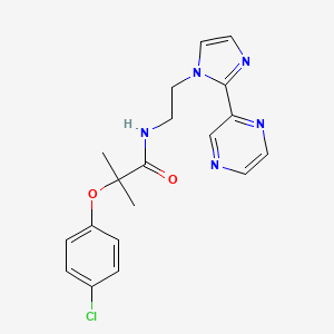 molecular formula C19H20ClN5O2 B2704266 2-(4-chlorophenoxy)-2-methyl-N-(2-(2-(pyrazin-2-yl)-1H-imidazol-1-yl)ethyl)propanamide CAS No. 2034508-33-1