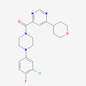 molecular formula C20H22ClFN4O2 B2704506 [4-(3-Chloro-4-fluorophenyl)piperazin-1-yl]-[6-(oxan-4-yl)pyrimidin-4-yl]methanone CAS No. 2415491-49-3