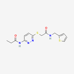 molecular formula C14H16N4O2S2 B2704518 N-(6-((2-oxo-2-((thiophen-2-ylmethyl)amino)ethyl)thio)pyridazin-3-yl)propionamide CAS No. 1021106-75-1