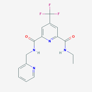 molecular formula C16H15F3N4O2 B2704599 N~2~-ethyl-N~6~-(2-pyridinylmethyl)-4-(trifluoromethyl)-2,6-pyridinedicarboxamide CAS No. 1211290-55-9