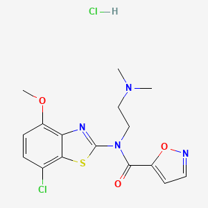molecular formula C16H18Cl2N4O3S B2704616 N-(7-CHLORO-4-METHOXY-1,3-BENZOTHIAZOL-2-YL)-N-[2-(DIMETHYLAMINO)ETHYL]-1,2-OXAZOLE-5-CARBOXAMIDE HYDROCHLORIDE CAS No. 1185157-38-3