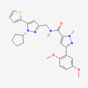 molecular formula C26H29N5O3S B2704641 N-((1-cyclopentyl-5-(thiophen-2-yl)-1H-pyrazol-3-yl)methyl)-3-(2,5-dimethoxyphenyl)-1-methyl-1H-pyrazole-5-carboxamide CAS No. 1421513-59-8