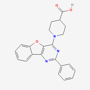 molecular formula C22H19N3O3 B2704845 1-{4-phenyl-8-oxa-3,5-diazatricyclo[7.4.0.0^{2,7}]trideca-1(13),2(7),3,5,9,11-hexaen-6-yl}piperidine-4-carboxylic acid CAS No. 847915-72-4