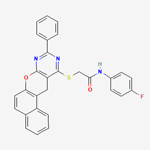 molecular formula C29H20FN3O2S B2704902 N-(4-Fluorophenyl)-2-[(2-phenyl-5H-12-oxa-1,3-diazatetraphen-4-YL)sulfanyl]acetamide CAS No. 866842-69-5