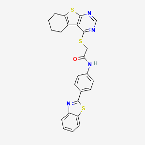 molecular formula C25H20N4OS3 B2705076 N-[4-(1,3-benzothiazol-2-yl)phenyl]-2-{8-thia-4,6-diazatricyclo[7.4.0.0^{2,7}]trideca-1(9),2(7),3,5-tetraen-3-ylsulfanyl}acetamide CAS No. 671200-26-3