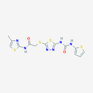 molecular formula C13H12N6O2S4 B2705117 N-(4-methyl-1,3-thiazol-2-yl)-2-[(5-{[(thiophen-2-yl)carbamoyl]amino}-1,3,4-thiadiazol-2-yl)sulfanyl]acetamide CAS No. 1171365-16-4