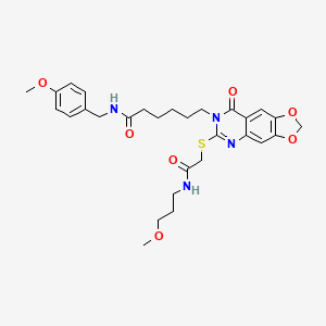 molecular formula C29H36N4O7S B2705157 N-[(4-methoxyphenyl)methyl]-6-[6-({[(3-methoxypropyl)carbamoyl]methyl}sulfanyl)-8-oxo-2H,7H,8H-[1,3]dioxolo[4,5-g]quinazolin-7-yl]hexanamide CAS No. 688061-03-2