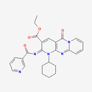 molecular formula C26H25N5O4 B2705223 ethyl 7-cyclohexyl-2-oxo-6-(pyridine-3-carbonylimino)-1,7,9-triazatricyclo[8.4.0.03,8]tetradeca-3(8),4,9,11,13-pentaene-5-carboxylate CAS No. 685860-18-8