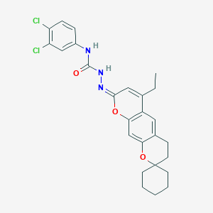 molecular formula C26H27Cl2N3O3 B2705607 (E)-N-(3,4-dichlorophenyl)-2-(6'-ethyl-3'H-spiro[cyclohexane-1,2'-pyrano[3,2-g]chromen]-8'(4'H)-ylidene)hydrazinecarboxamide CAS No. 1334377-33-1