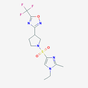 molecular formula C13H16F3N5O3S B2705802 3-(1-((1-ethyl-2-methyl-1H-imidazol-4-yl)sulfonyl)pyrrolidin-3-yl)-5-(trifluoromethyl)-1,2,4-oxadiazole CAS No. 2034601-69-7