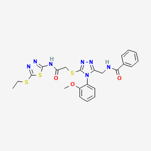 molecular formula C23H23N7O3S3 B2705876 N-({5-[({[5-(ethylsulfanyl)-1,3,4-thiadiazol-2-yl]carbamoyl}methyl)sulfanyl]-4-(2-methoxyphenyl)-4H-1,2,4-triazol-3-yl}methyl)benzamide CAS No. 393839-78-6