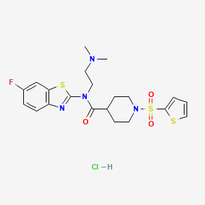 molecular formula C21H26ClFN4O3S3 B2706076 N-(2-(dimethylamino)ethyl)-N-(6-fluorobenzo[d]thiazol-2-yl)-1-(thiophen-2-ylsulfonyl)piperidine-4-carboxamide hydrochloride CAS No. 1177738-61-2