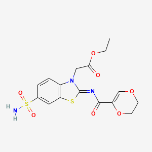 (Z)-ethyl 2-(2-((5,6-dihydro-1,4-dioxine-2-carbonyl)imino)-6-sulfamoylbenzo[d]thiazol-3(2H)-yl)acetate