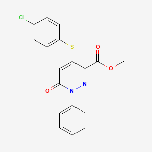 molecular formula C18H13ClN2O3S B2706135 Methyl 4-[(4-chlorophenyl)sulfanyl]-6-oxo-1-phenyl-1,6-dihydro-3-pyridazinecarboxylate CAS No. 320419-43-0