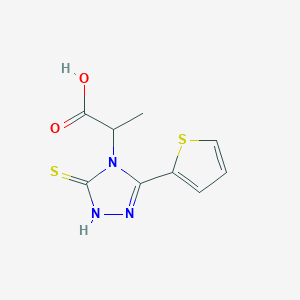 molecular formula C9H9N3O2S2 B2706317 2-(3-mercapto-5-thien-2-yl-4H-1,2,4-triazol-4-yl)propanoic acid CAS No. 854137-71-6
