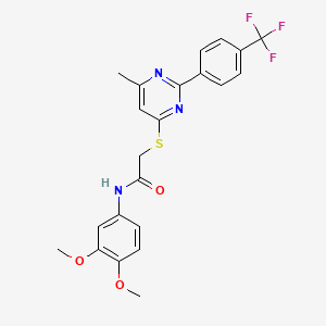 molecular formula C22H20F3N3O3S B2706362 N-(3,4-dimethoxyphenyl)-2-({6-methyl-2-[4-(trifluoromethyl)phenyl]pyrimidin-4-yl}sulfanyl)acetamide CAS No. 1215673-90-7