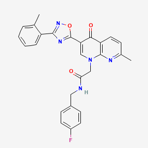 molecular formula C27H22FN5O3 B2706373 N-[(4-fluorophenyl)methyl]-2-{7-methyl-3-[3-(2-methylphenyl)-1,2,4-oxadiazol-5-yl]-4-oxo-1,4-dihydro-1,8-naphthyridin-1-yl}acetamide CAS No. 1029770-00-0