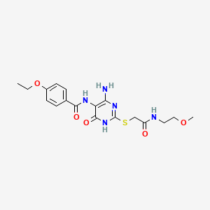 molecular formula C18H23N5O5S B2706525 N-(4-amino-2-((2-((2-methoxyethyl)amino)-2-oxoethyl)thio)-6-oxo-1,6-dihydropyrimidin-5-yl)-4-ethoxybenzamide CAS No. 888440-52-6