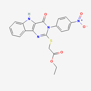 molecular formula C20H16N4O5S B2706628 ethyl 2-((3-(4-nitrophenyl)-4-oxo-4,5-dihydro-3H-pyrimido[5,4-b]indol-2-yl)thio)acetate CAS No. 536717-39-2