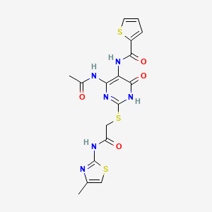 molecular formula C17H16N6O4S3 B2706856 N-(4-acetamido-2-((2-((4-methylthiazol-2-yl)amino)-2-oxoethyl)thio)-6-oxo-1,6-dihydropyrimidin-5-yl)thiophene-2-carboxamide CAS No. 872608-96-3