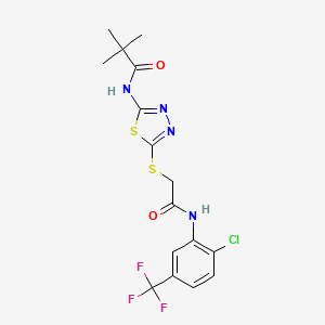 molecular formula C16H16ClF3N4O2S2 B2707141 N-(5-((2-((2-chloro-5-(trifluoromethyl)phenyl)amino)-2-oxoethyl)thio)-1,3,4-thiadiazol-2-yl)pivalamide CAS No. 392298-85-0