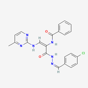 molecular formula C22H19ClN6O2 B2707348 N-{1-({2-[(4-chlorophenyl)methylene]hydrazino}carbonyl)-2-[(4-methyl-2-pyrimidinyl)amino]vinyl}benzenecarboxamide CAS No. 306976-29-4