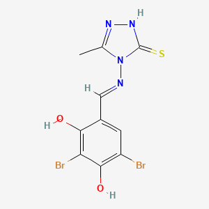 molecular formula C10H8Br2N4O2S B2707372 2,4-dibromo-6-[(1E)-[(3-methyl-5-sulfanyl-4H-1,2,4-triazol-4-yl)imino]methyl]benzene-1,3-diol CAS No. 468755-27-3