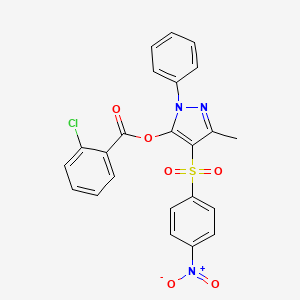 molecular formula C23H16ClN3O6S B2707421 3-methyl-4-((4-nitrophenyl)sulfonyl)-1-phenyl-1H-pyrazol-5-yl 2-chlorobenzoate CAS No. 851093-78-2
