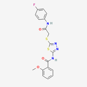 molecular formula C18H15FN4O3S2 B2707630 N-[5-({[(4-fluorophenyl)carbamoyl]methyl}sulfanyl)-1,3,4-thiadiazol-2-yl]-2-methoxybenzamide CAS No. 392297-61-9