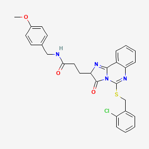 molecular formula C28H25ClN4O3S B2707640 3-(5-{[(2-chlorophenyl)methyl]sulfanyl}-3-oxo-2H,3H-imidazo[1,2-c]quinazolin-2-yl)-N-[(4-methoxyphenyl)methyl]propanamide CAS No. 1043868-15-0