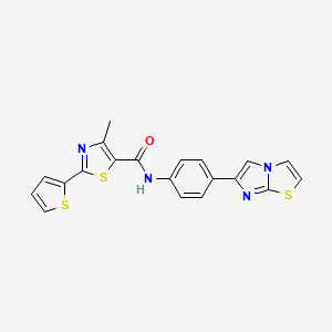 molecular formula C20H14N4OS3 B2707859 N-(4-(imidazo[2,1-b]thiazol-6-yl)phenyl)-4-methyl-2-(thiophen-2-yl)thiazole-5-carboxamide CAS No. 1043167-42-5