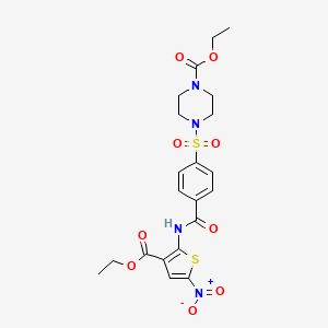 molecular formula C21H24N4O9S2 B2708004 Ethyl 4-((4-((3-(ethoxycarbonyl)-5-nitrothiophen-2-yl)carbamoyl)phenyl)sulfonyl)piperazine-1-carboxylate CAS No. 398999-68-3