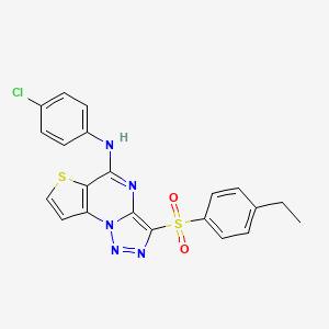 molecular formula C21H16ClN5O2S2 B2708094 N-(4-chlorophenyl)-10-(4-ethylbenzenesulfonyl)-5-thia-1,8,11,12-tetraazatricyclo[7.3.0.0^{2,6}]dodeca-2(6),3,7,9,11-pentaen-7-amine CAS No. 892743-26-9