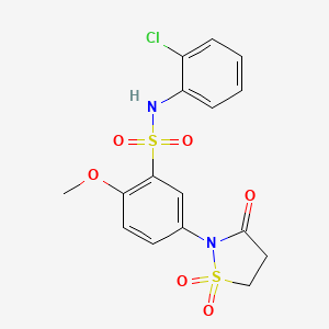 molecular formula C16H15ClN2O6S2 B2708133 N-(2-chlorophenyl)-5-(1,1-dioxido-3-oxoisothiazolidin-2-yl)-2-methoxybenzenesulfonamide CAS No. 1015605-37-4