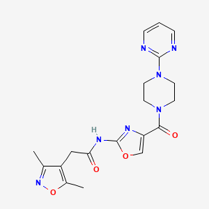 molecular formula C19H21N7O4 B2708188 2-(3,5-dimethylisoxazol-4-yl)-N-(4-(4-(pyrimidin-2-yl)piperazine-1-carbonyl)oxazol-2-yl)acetamide CAS No. 1797173-84-2