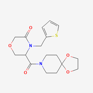 molecular formula C17H22N2O5S B2708197 5-(1,4-Dioxa-8-azaspiro[4.5]decane-8-carbonyl)-4-(thiophen-2-ylmethyl)morpholin-3-one CAS No. 1421442-58-1
