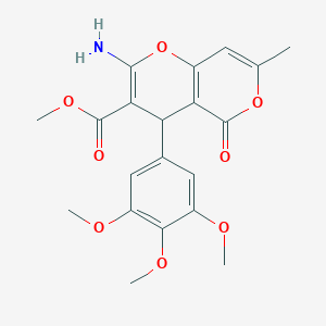 molecular formula C20H21NO8 B2708206 Methyl 2-amino-7-methyl-5-oxo-4-(3,4,5-trimethoxyphenyl)-4,5-dihydropyrano[4,3-b]pyran-3-carboxylate CAS No. 380315-59-3