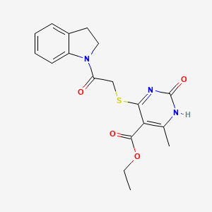 molecular formula C18H19N3O4S B2708298 ethyl 4-{[2-(2,3-dihydro-1H-indol-1-yl)-2-oxoethyl]sulfanyl}-6-methyl-2-oxo-1,2-dihydropyrimidine-5-carboxylate CAS No. 946354-56-9