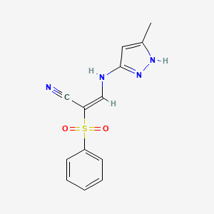 molecular formula C13H12N4O2S B2708618 (2E)-2-(benzenesulfonyl)-3-[(3-methyl-1H-pyrazol-5-yl)amino]prop-2-enenitrile CAS No. 1030385-94-4