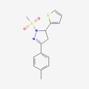 molecular formula C15H16N2O2S2 B2708640 5-(4-Methylphenyl)-2-methylsulfonyl-3-thiophen-2-yl-3,4-dihydropyrazole CAS No. 497247-32-2